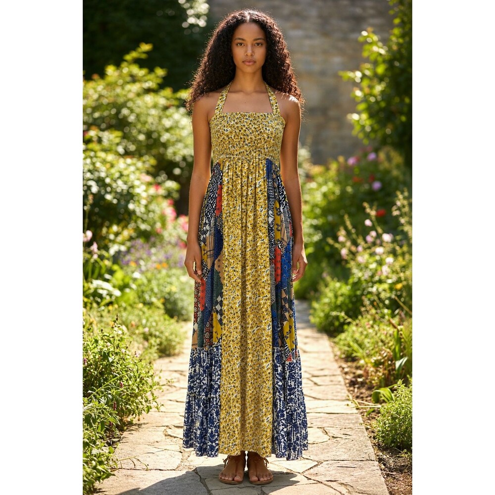 Easel Halter Maxi Dress Smocked Floral Patchwork Boho Coastal Resort Sz M